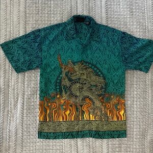 Men's Dragon Print Fire All Over Asian Vintage Y2K Teal Shirt